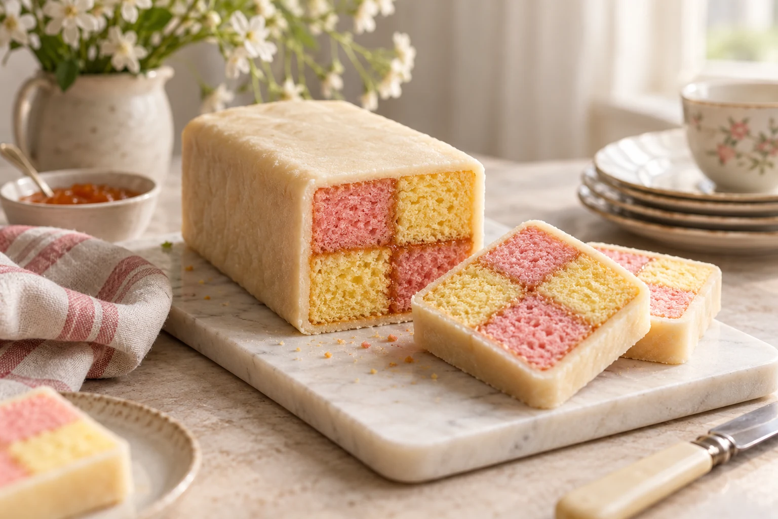 Battenberg Apricot Jam and Covered with Marzipan (AI-generated image)
