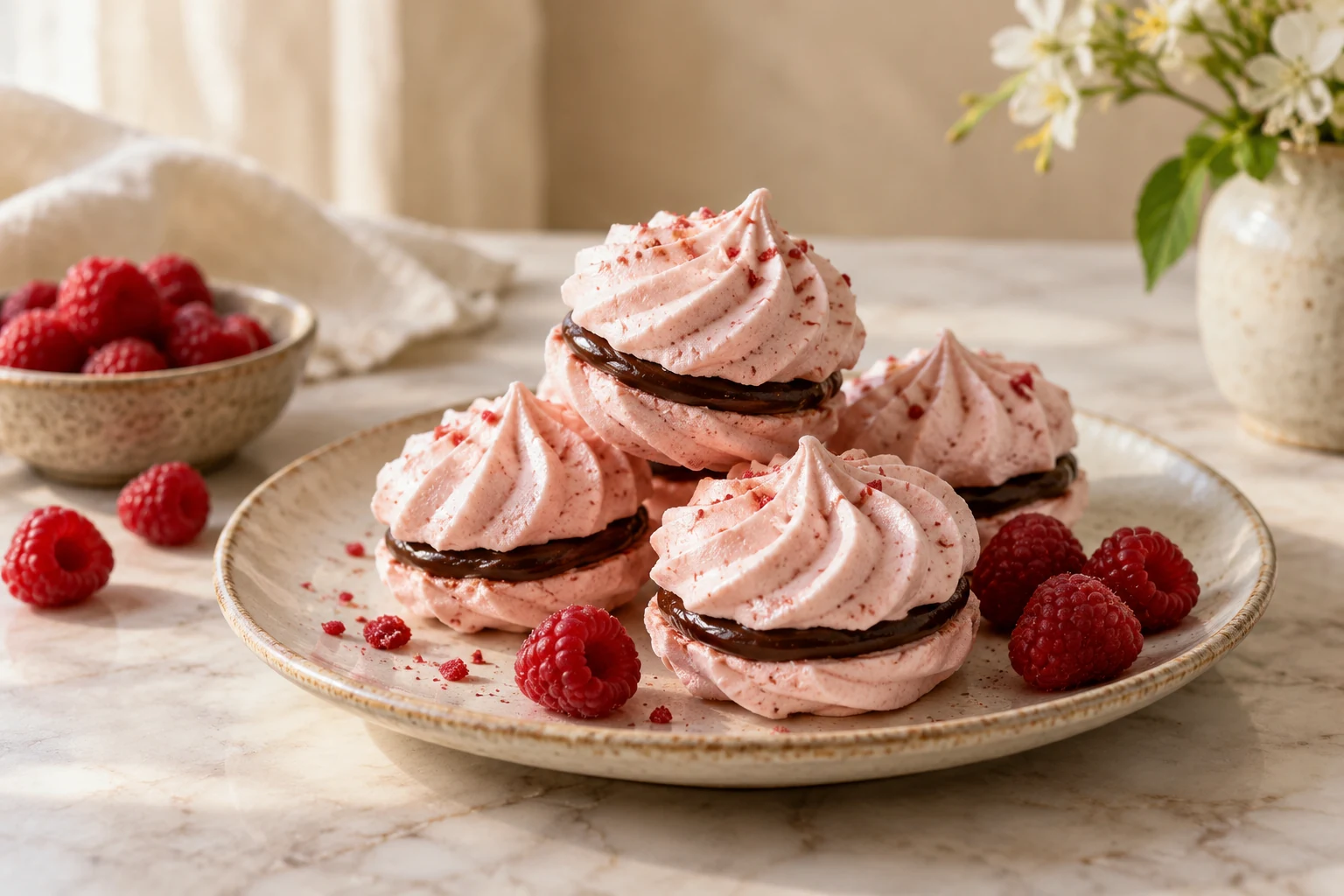 Raspberry Meringue Sandwiches with Dark Chocolate Ganache Filling (AI-generated image)
