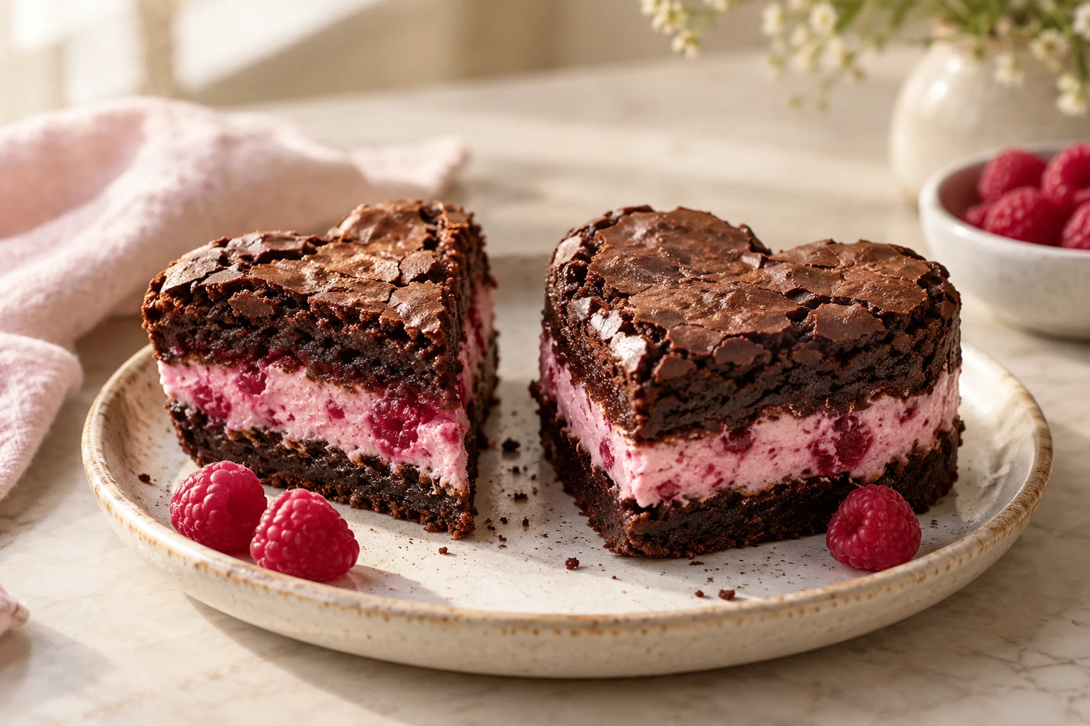 Raspberry Cheesecake Stuffed Brownie Hearts (AI-generated image)