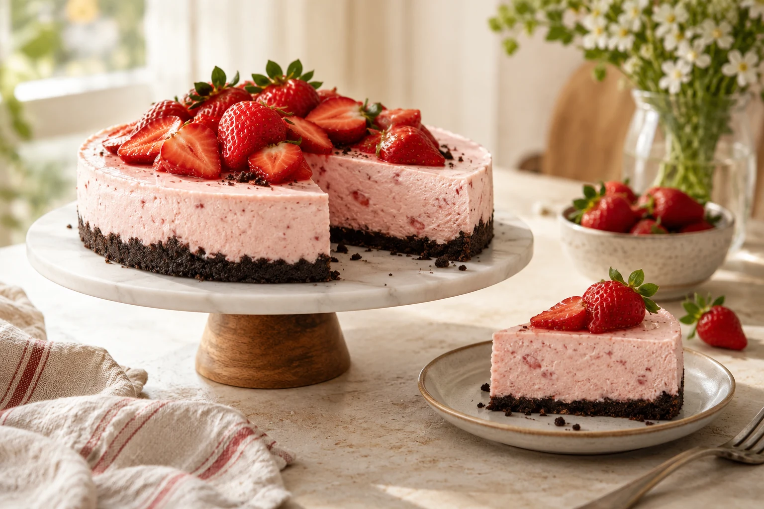 Strawberry Cheesecake with an Oreo Cookie Crust (AI-generated image)